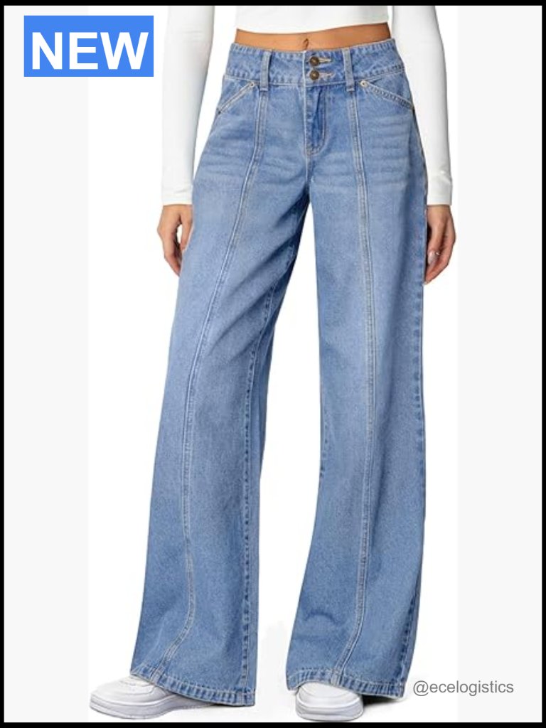 High Waisted Wide Leg Stretchy Straight Jeans Trendy Seamed Front Loose Denim